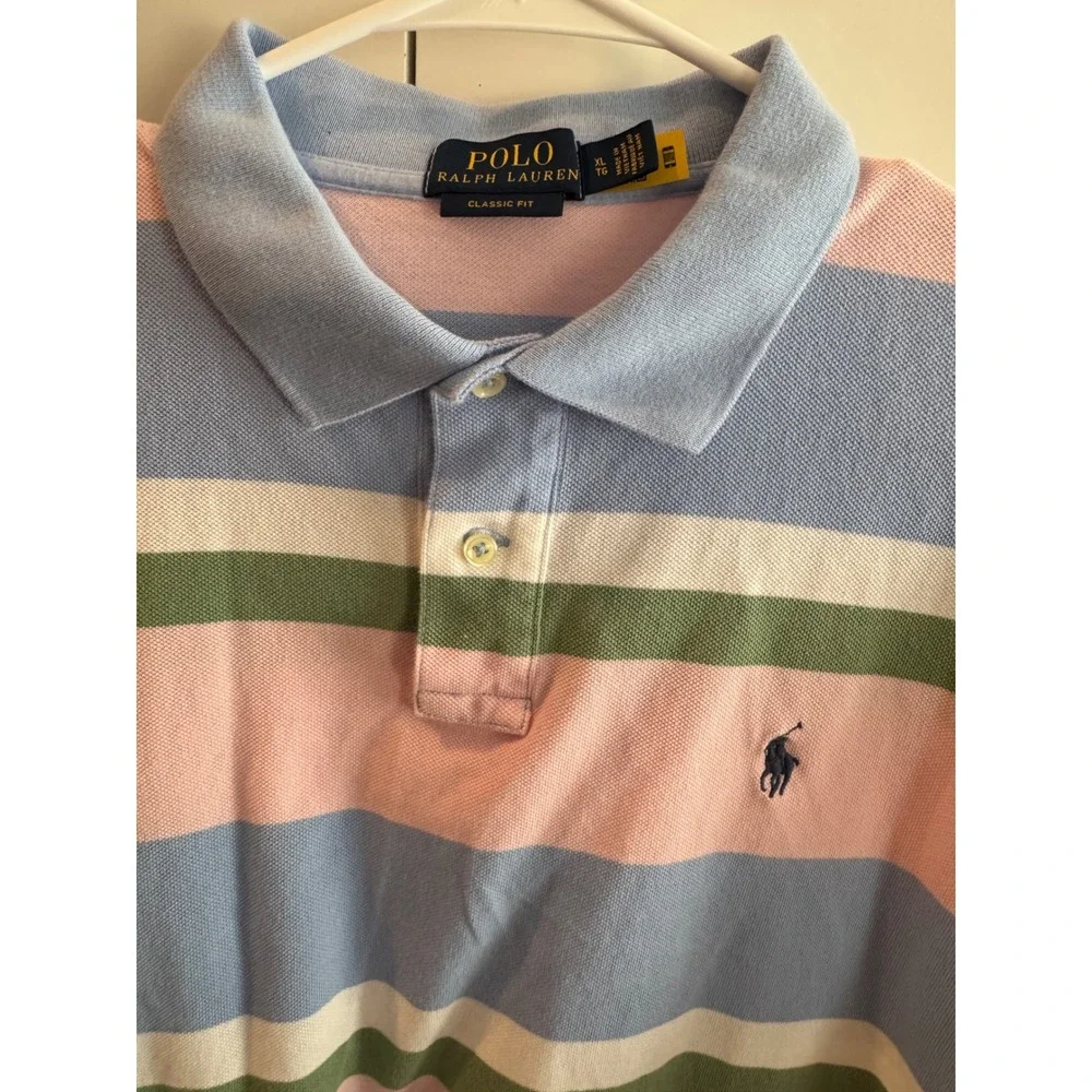 Polo Ralph Lauren Mens XL Classic Fit Striped Polo Shirt Blue Pink Green Cotton
